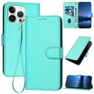 For iPhone 15 Pro Max YX0070 Carbon Fiber Buckle Leather Phone Case with Lanyard(Light Blue) - 1