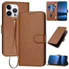 For iPhone 15 Pro Max YX0070 Carbon Fiber Buckle Leather Phone Case with Lanyard(Coffee) - 1