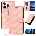 For iPhone 15 Pro Max YX0070 Carbon Fiber Buckle Leather Phone Case with Lanyard(Pink) - 1