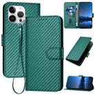 For iPhone 15 Pro Max YX0070 Carbon Fiber Buckle Leather Phone Case with Lanyard(Dark Green) - 1