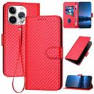 For iPhone 15 Pro YX0070 Carbon Fiber Buckle Leather Phone Case with Lanyard(Red) - 1