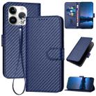 For iPhone 15 Pro YX0070 Carbon Fiber Buckle Leather Phone Case with Lanyard(Royal Blue) - 1