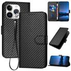 For iPhone 15 Pro YX0070 Carbon Fiber Buckle Leather Phone Case with Lanyard(Black) - 1