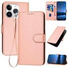 For iPhone 15 Pro YX0070 Carbon Fiber Buckle Leather Phone Case with Lanyard(Pink) - 1