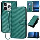 For iPhone 15 Pro YX0070 Carbon Fiber Buckle Leather Phone Case with Lanyard(Dark Green) - 1