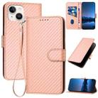 For iPhone 15 YX0070 Carbon Fiber Buckle Leather Phone Case with Lanyard(Pink) - 1