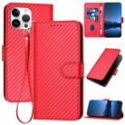 For iPhone 14 Pro Max YX0070 Carbon Fiber Buckle Leather Phone Case with Lanyard(Red) - 1