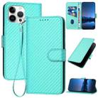 For iPhone 14 Pro Max YX0070 Carbon Fiber Buckle Leather Phone Case with Lanyard(Light Blue) - 1