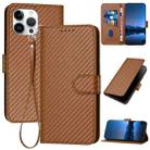 For iPhone 14 Pro Max YX0070 Carbon Fiber Buckle Leather Phone Case with Lanyard(Coffee) - 1