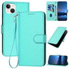 For iPhone 14 Plus YX0070 Carbon Fiber Buckle Leather Phone Case with Lanyard(Light Blue) - 1