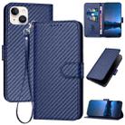 For iPhone 14 Plus YX0070 Carbon Fiber Buckle Leather Phone Case with Lanyard(Royal Blue) - 1