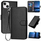 For iPhone 14 Plus YX0070 Carbon Fiber Buckle Leather Phone Case with Lanyard(Black) - 1