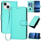 For iPhone 14 YX0070 Carbon Fiber Buckle Leather Phone Case with Lanyard(Light Blue) - 1