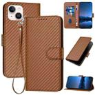 For iPhone 14 YX0070 Carbon Fiber Buckle Leather Phone Case with Lanyard(Coffee) - 1