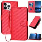 For iPhone 13 Pro Max YX0070 Carbon Fiber Buckle Leather Phone Case with Lanyard(Red) - 1