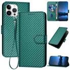 For iPhone 13 Pro Max YX0070 Carbon Fiber Buckle Leather Phone Case with Lanyard(Dark Green) - 1