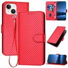 For iPhone 13 YX0070 Carbon Fiber Buckle Leather Phone Case with Lanyard(Red) - 1