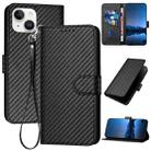 For iPhone 13 YX0070 Carbon Fiber Buckle Leather Phone Case with Lanyard(Black) - 1