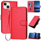 For iPhone 13 mini YX0070 Carbon Fiber Buckle Leather Phone Case with Lanyard(Red) - 1