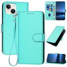 For iPhone 13 mini YX0070 Carbon Fiber Buckle Leather Phone Case with Lanyard(Light Blue) - 1