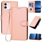 For iPhone 12 / 12 Pro YX0070 Carbon Fiber Buckle Leather Phone Case with Lanyard(Pink) - 1