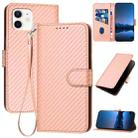 For iPhone 12 mini YX0070 Carbon Fiber Buckle Leather Phone Case with Lanyard(Pink) - 1