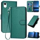 For iPhone XR YX0070 Carbon Fiber Buckle Leather Phone Case with Lanyard(Dark Green) - 1