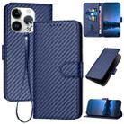 For iPhone 16 Pro YX0070 Carbon Fiber Buckle Leather Phone Case with Lanyard(Royal Blue) - 1