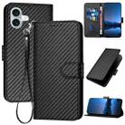 For iPhone 16 Plus YX0070 Carbon Fiber Buckle Leather Phone Case with Lanyard(Black) - 1