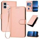 For iPhone 16 Plus YX0070 Carbon Fiber Buckle Leather Phone Case with Lanyard(Pink) - 1