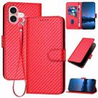 For iPhone 16 YX0070 Carbon Fiber Buckle Leather Phone Case with Lanyard(Red) - 1