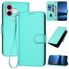 For iPhone 16 YX0070 Carbon Fiber Buckle Leather Phone Case with Lanyard(Light Blue) - 1