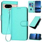 For Google Pixel 8a YX0070 Carbon Fiber Buckle Leather Phone Case with Lanyard(Light Blue) - 1