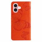 For iPhone 16 3D Butterfly Embossed Pattern Flip Leather Phone Case(Orange) - 3