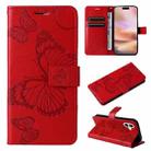 For iPhone 16 Plus 3D Butterfly Embossed Pattern Flip Leather Phone Case(Red) - 1