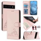 For Google Pixel 6 Pro Cat Rat Embossed Pattern RFID Leather Phone Case with Lanyard(Pink) - 1