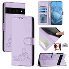 For Google Pixel 6 Pro Cat Rat Embossed Pattern RFID Leather Phone Case with Lanyard(Purple) - 1