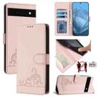 For Google Pixel 6a Cat Rat Embossed Pattern RFID Leather Phone Case with Lanyard(Pink) - 1