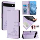For Google Pixel 6a Cat Rat Embossed Pattern RFID Leather Phone Case with Lanyard(Purple) - 1
