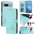 For Google Pixel 7 5G Cat Rat Embossed Pattern RFID Leather Phone Case with Lanyard(Mint Green) - 1