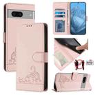 For Google Pixel 7 5G Cat Rat Embossed Pattern RFID Leather Phone Case with Lanyard(Pink) - 1