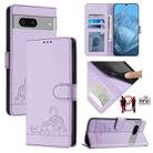 For Google Pixel 7 5G Cat Rat Embossed Pattern RFID Leather Phone Case with Lanyard(Purple) - 1