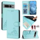 For Google Pixel 7 Pro 5G Cat Rat Embossed Pattern RFID Leather Phone Case with Lanyard(Mint Green) - 1