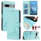 For Google Pixel 7a Cat Rat Embossed Pattern RFID Leather Phone Case with Lanyard(Mint Green) - 1