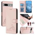 For Google Pixel 7a Cat Rat Embossed Pattern RFID Leather Phone Case with Lanyard(Pink) - 1