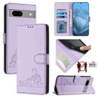 For Google Pixel 7a Cat Rat Embossed Pattern RFID Leather Phone Case with Lanyard(Purple) - 1