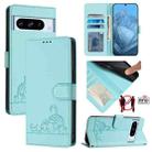 For Google Pixel 8 Pro Cat Rat Embossed Pattern RFID Leather Phone Case with Lanyard(Mint Green) - 1