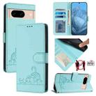 For Google Pixel 8a Cat Rat Embossed Pattern RFID Leather Phone Case with Lanyard(Mint Green) - 1