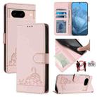 For Google Pixel 8a Cat Rat Embossed Pattern RFID Leather Phone Case with Lanyard(Pink) - 1