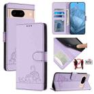 For Google Pixel 8a Cat Rat Embossed Pattern RFID Leather Phone Case with Lanyard(Purple) - 1